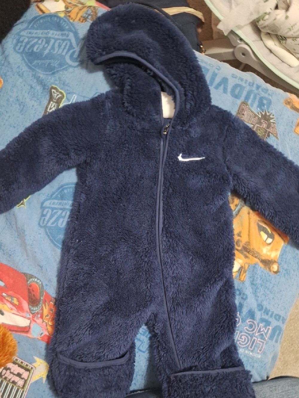Nike Navy Plush Hooded Baby Footie with Swoosh